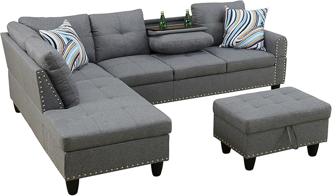L Shaped Couch Modern Sectional Couch Upholstered Linen Fabric 3 Pieces Sofas - Image 3