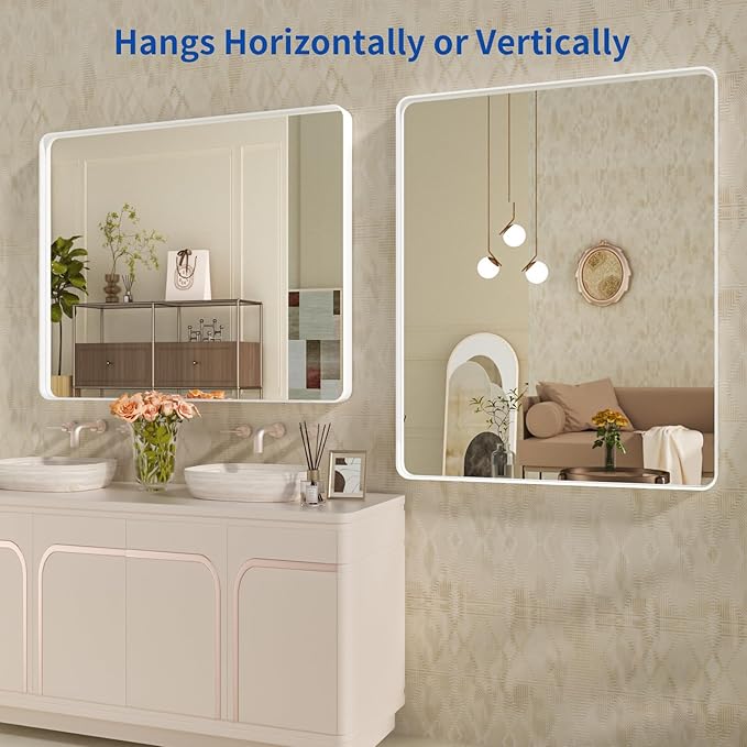 WEER White Bathroom Mirror 40X32 Inch, Rounded Rectangle White Metal Frame - Image 5
