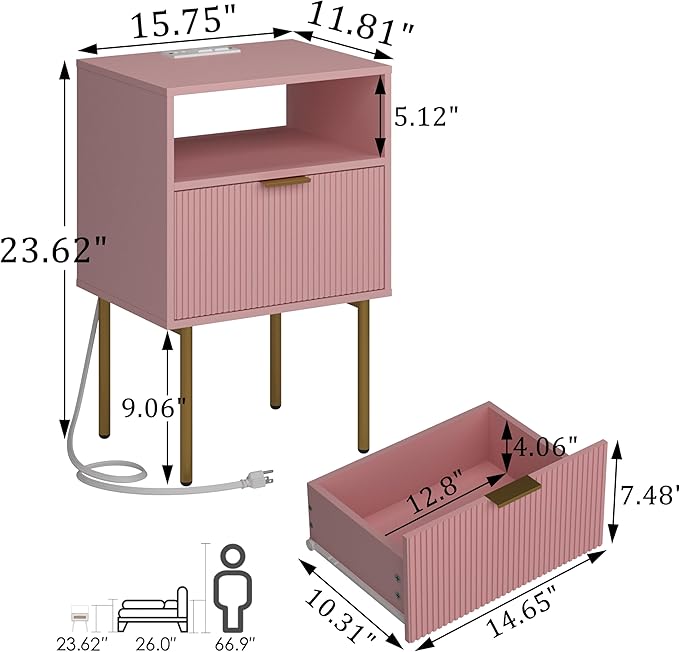 Modern Nightstand with Charging Station and LED Lights, Fluted Side Table - Image 2
