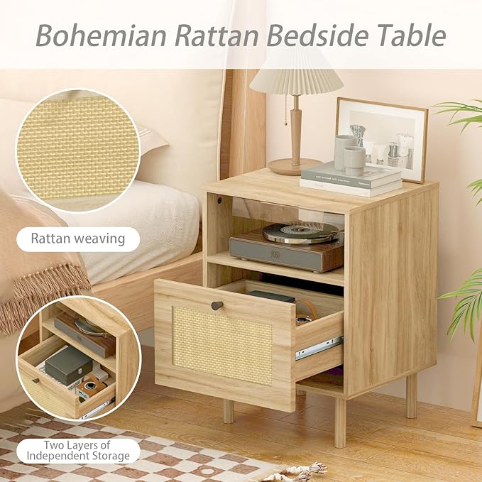 Rattan Nightstand with Storage Boho Modern Farmhouse Bedside Table with Drawer - Image 4