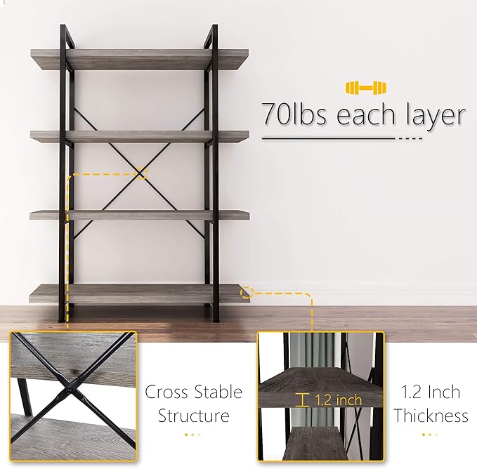 45MinST 4-Tier Vintage Industrial Style Bookcase/Metal and Wood Bookshelf - Image 5