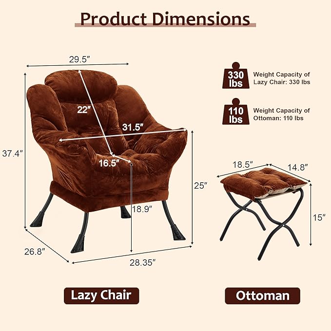Fabric Lazy Chair with Ottoman, Oversized Upholstered Sofa Chair - Image 3