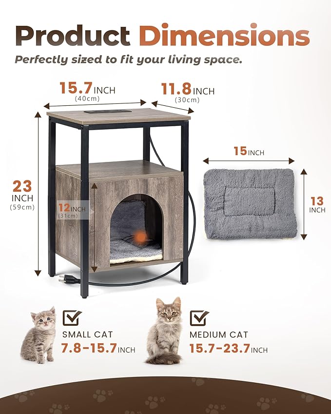 Cat End Table with Charging Station, Indoor Cat House Side Table with Bed - Image 2