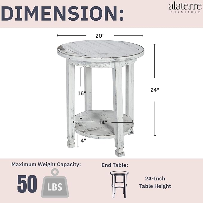 Rustic Cottage Round End Table w/ 1 Shelf, Farmhouse Style - Image 3