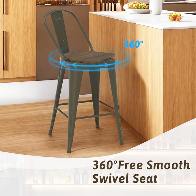 26” Swivel Bar Stools Set of 4, Counter Height Bar Stools Wooden Seat, Metal - Image 7