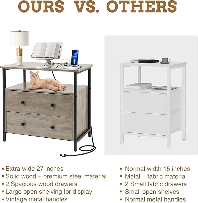 27 inch Wide Nightstand with Charging Station, Bedside Table with Open Shelf - Image 7