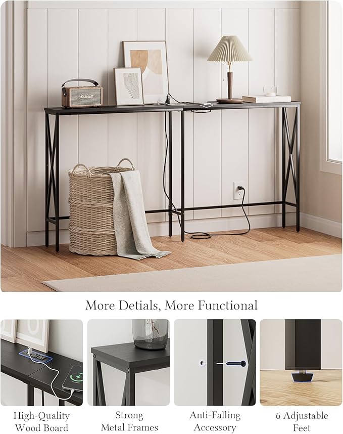 Masupu 63" Console Table with Power Outlet, Modern Narrow Long Sofa Table - Image 5
