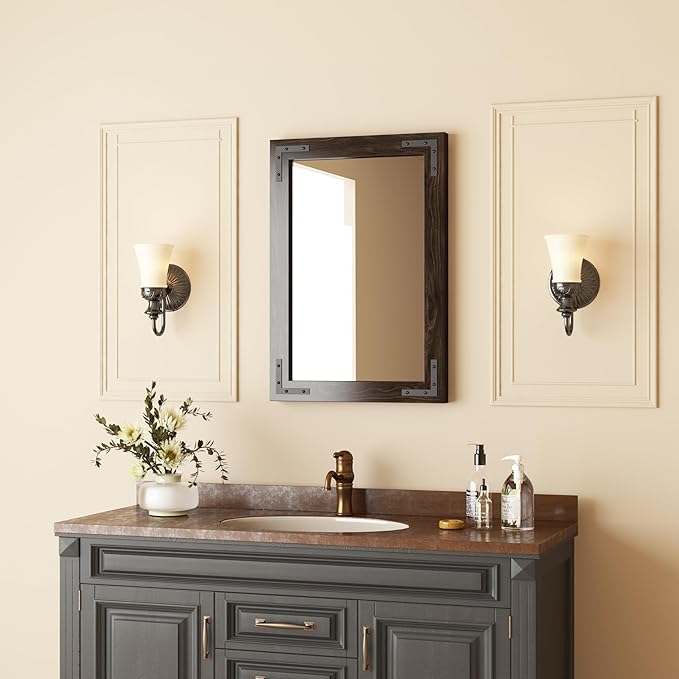 VocalStar Black Wood Framed Mirror 18 x 26 Inch, Rustic Natural Black Wooden - Image 2