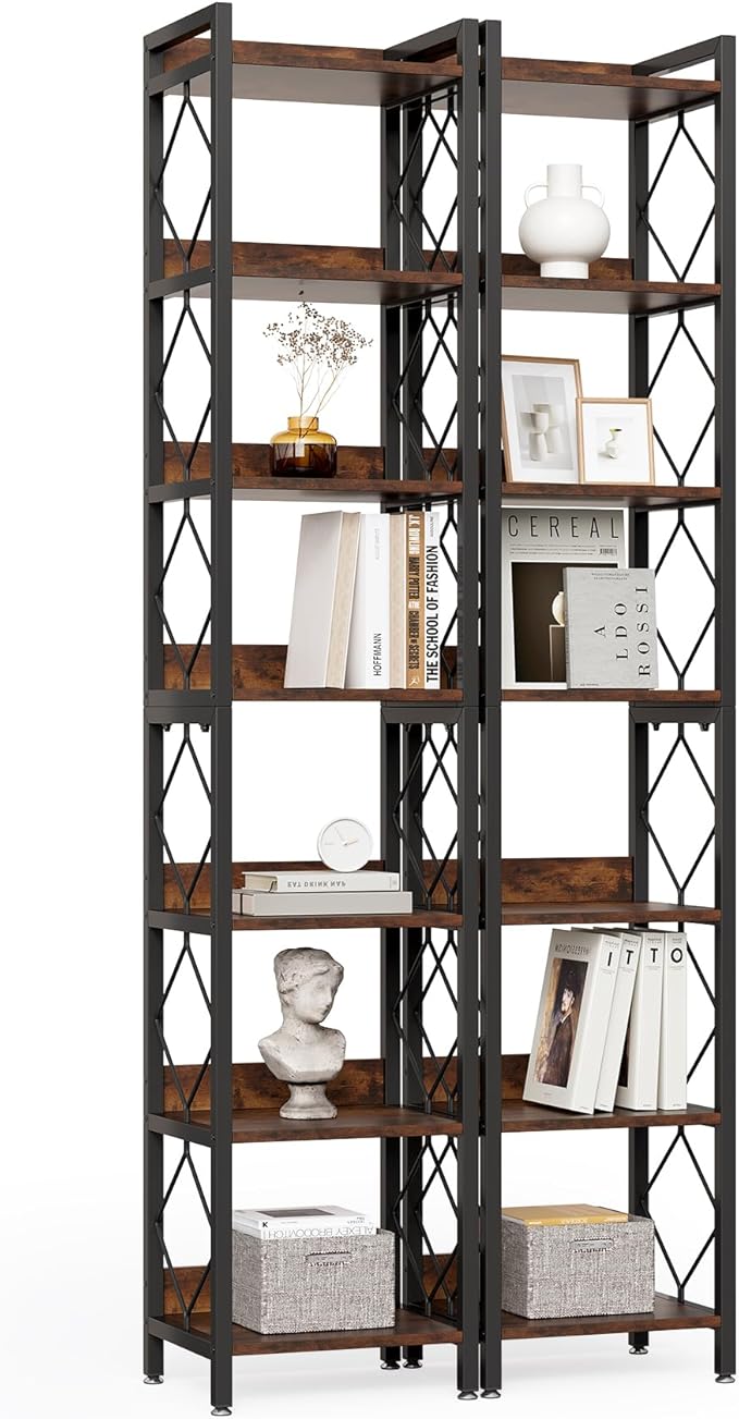 LITTLE TREE Book Shelf Set of 2, 7-Tier Tall Bookcase, Wooden Display Shelves by LITTLETREE