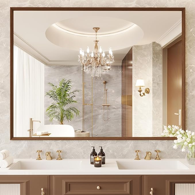 Bathroom Vanity Mirror 48x36 Inch, Walnut Rectangle Bathroom Mirror, 4MM - Image 2