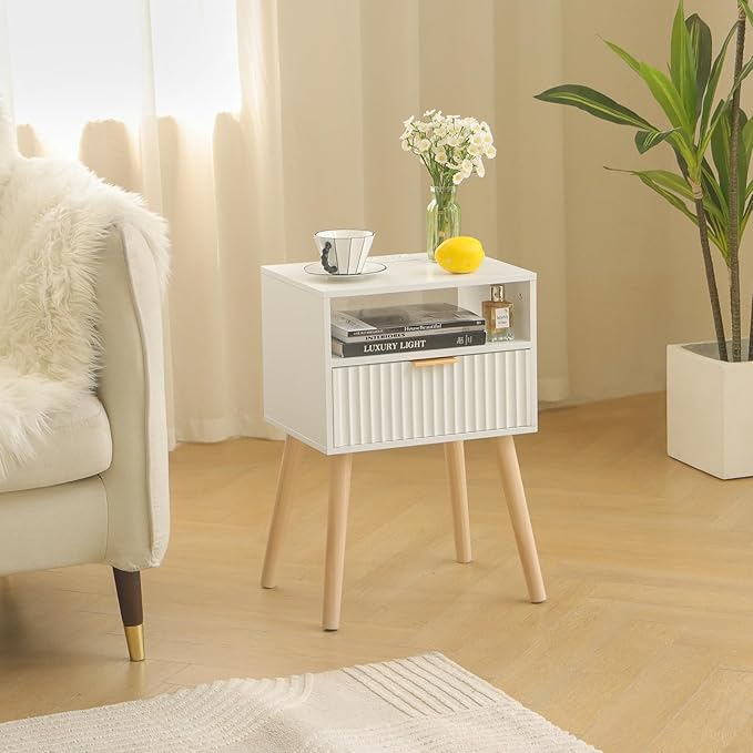 White Nightstand with Charging Station, Modern Bedside Table with Drawer and - Image 8