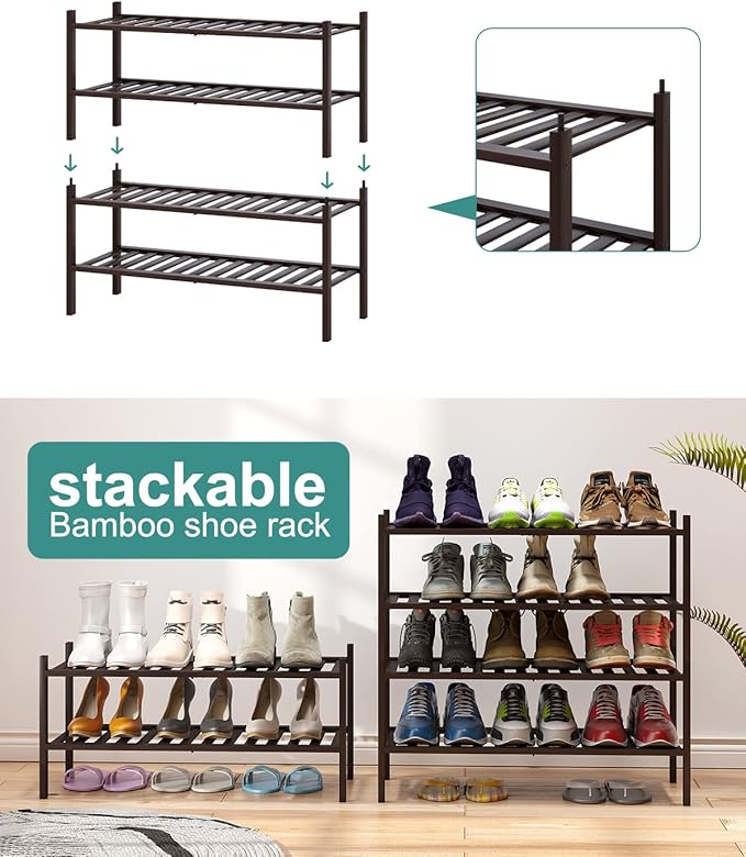 2-Tier Shoe Rack for Entryway, Bamboo Shoe Rack for Closet, Free Standing Shoe - Image 5