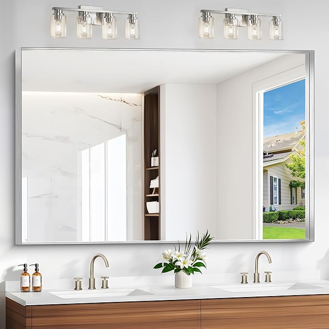 Silver Bathroom Mirror, 60x40 Inch Rectangular Framed Mirror, Large Wall by Unknown