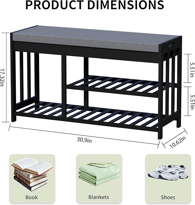 Shoe Rack Bench with Cushion, 2 Tiers Shoe Bench with Flip-Top Storage - Image 2