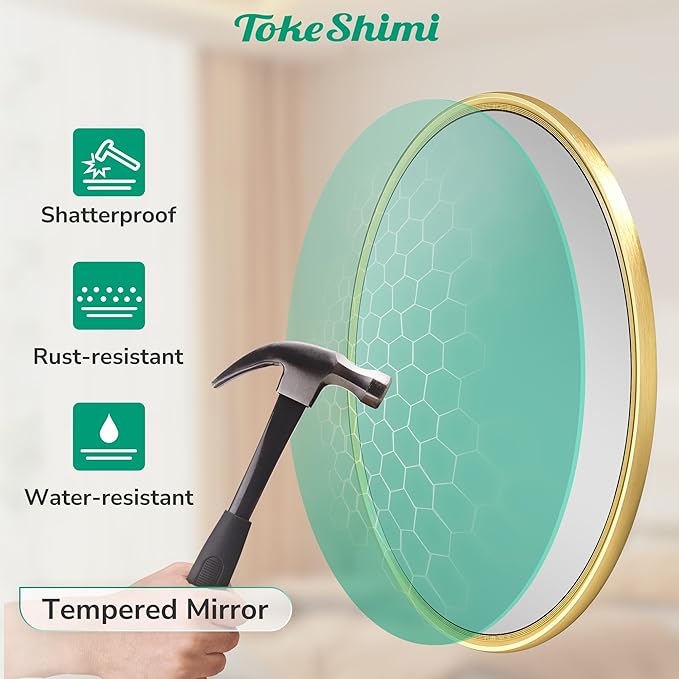 TokeShimi 30 in Round Framed Brushed Gold Mirror Bathroom Tempered, - Image 4