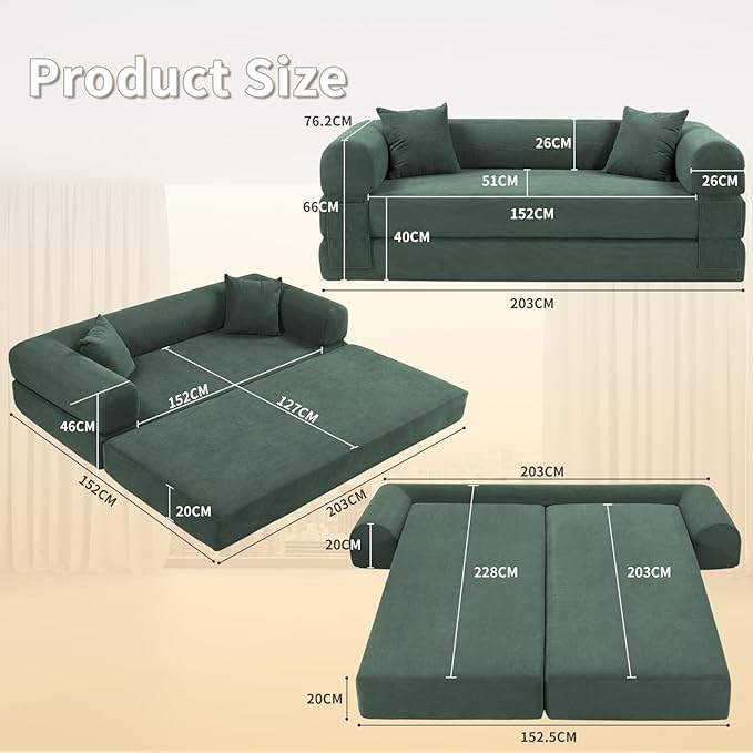 80" Convertible Sofa Bed, 3-in-1 Corduroy Folding Pull Out Couch - Image 3