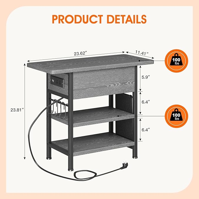 End Table with Charging Station, Flip Top Nightstand with USB Ports and Outlets - Image 3