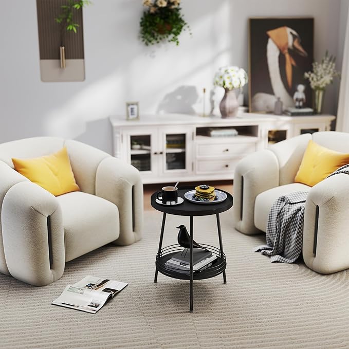 Benkyo 2 Tier Black Metal Round Side Table Tiered Two Shelf Storage Coffee Sofa - Image 8