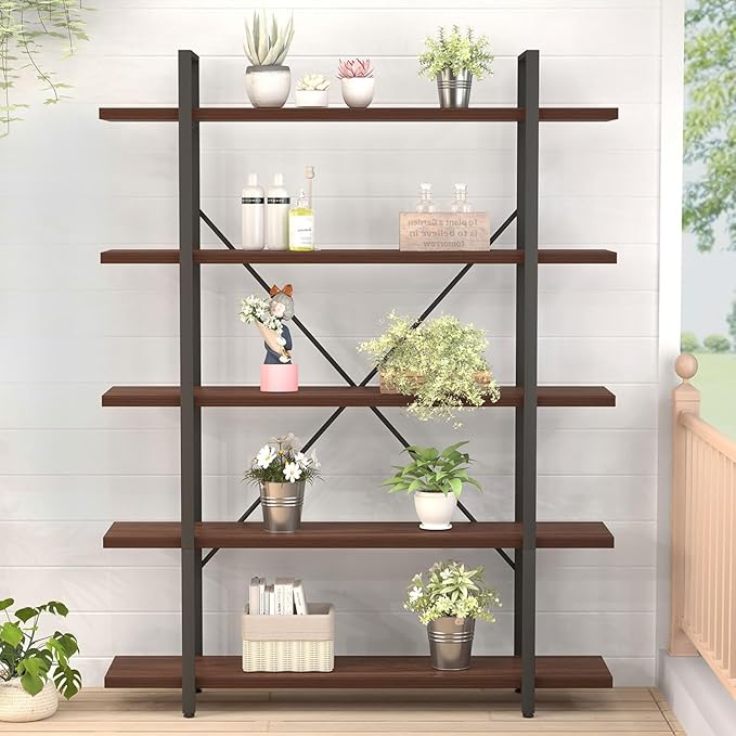 HSH Walnut 5 Tier Bookshelf, Tall Bookcases and Book Shelves 5 Shelf, Large - Image 8