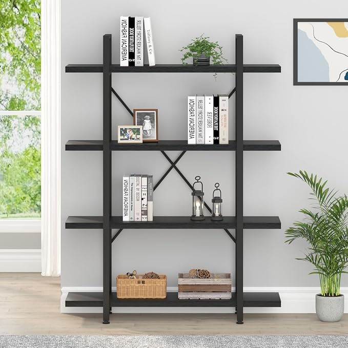 HSH 4 Tier Black Bookshelf, Industrial Metal Wood Storage Book Shelves - Image 4