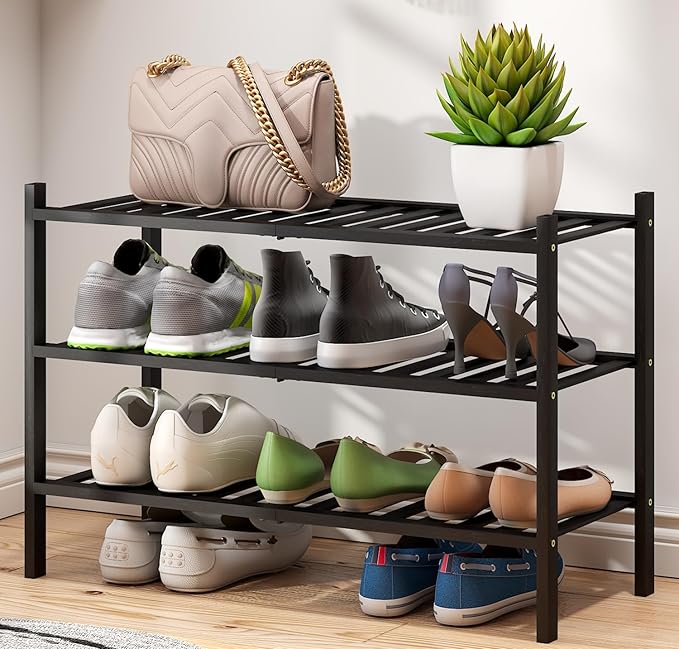 3-Tier Black Bamboo Shoe Rack for Entryway, Stackable | Foldable | Natural by VIEWCARE