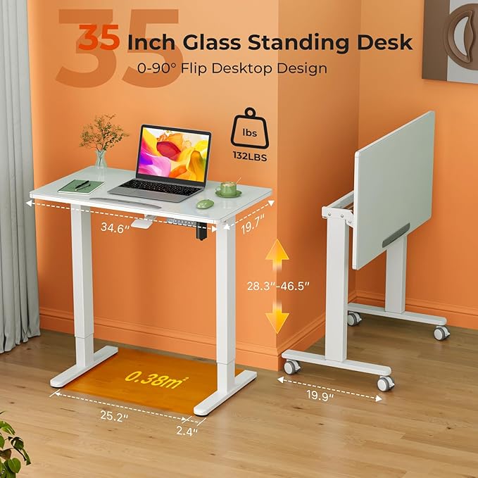 35inch Glass Standing Desk，90° Tiltable Mobile Rising Desk Height - Image 2