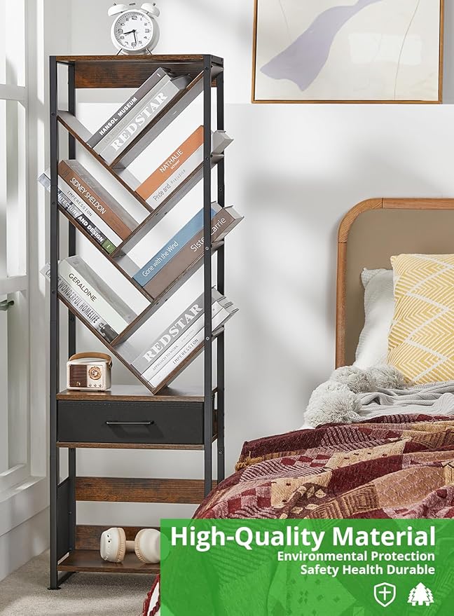 Bookshelf with Drawer, 10 Tier Tree Bookcase Retro Floor Standing Bookshelves - Image 7