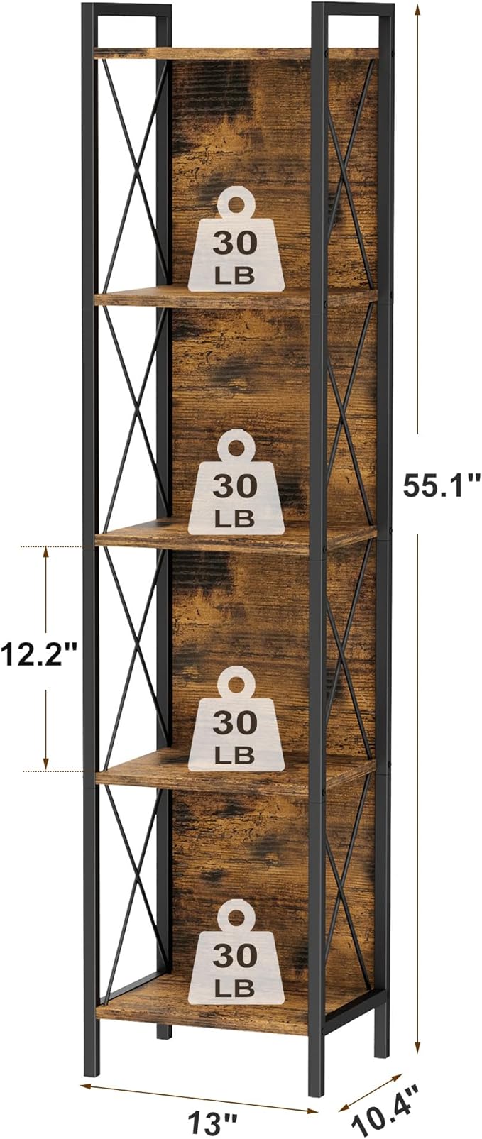 Homhedy 5 Tier Bookshelf Bookcase, Tall Narrow Bookshelf - Image 3