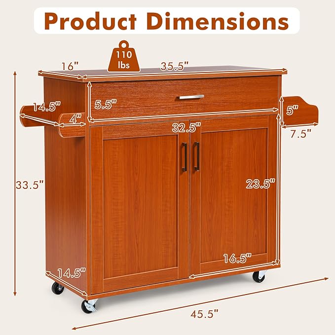COSTWAY Kitchen Island Cart, Rolling Storage Trolley Cart - Image 7