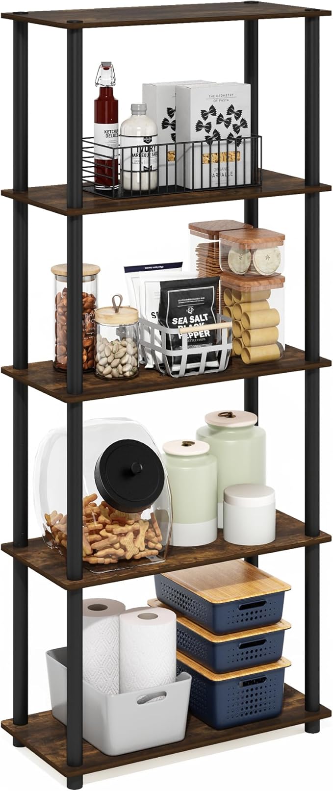 Furinno Turn-N-Tube 5-Tier Multipurpose Shelf Display Rack, Amber Pine/Black by Furinno-FitsYourSpaceFitsYourBudget