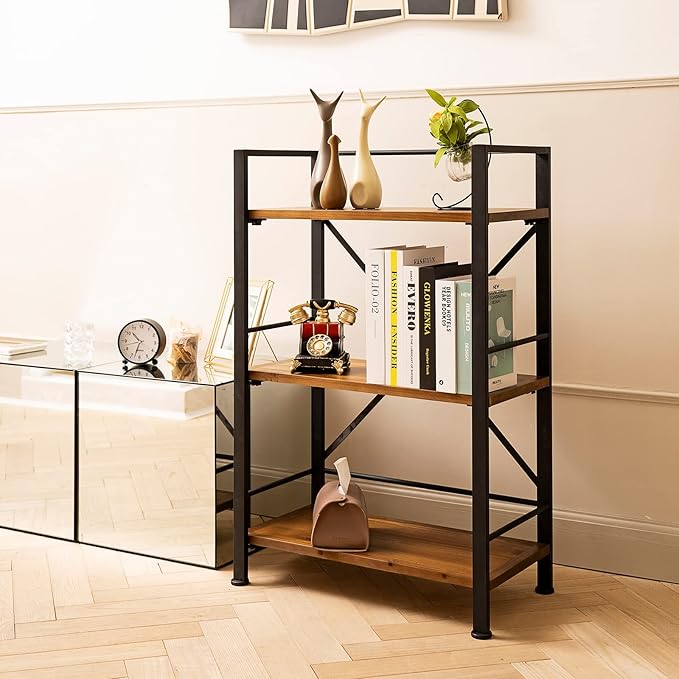 Crofy Rustic Bookshelf, 3 Tier Real Wood Bookshelf, Metal Book Shelf - Image 6