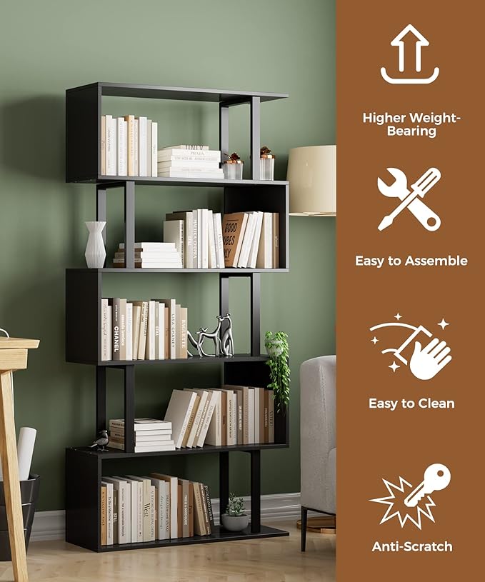 Gadroad 5-Tier Geometric Bookcase, S Shaped Bookshelf, Wood Decorative Storage - Image 4