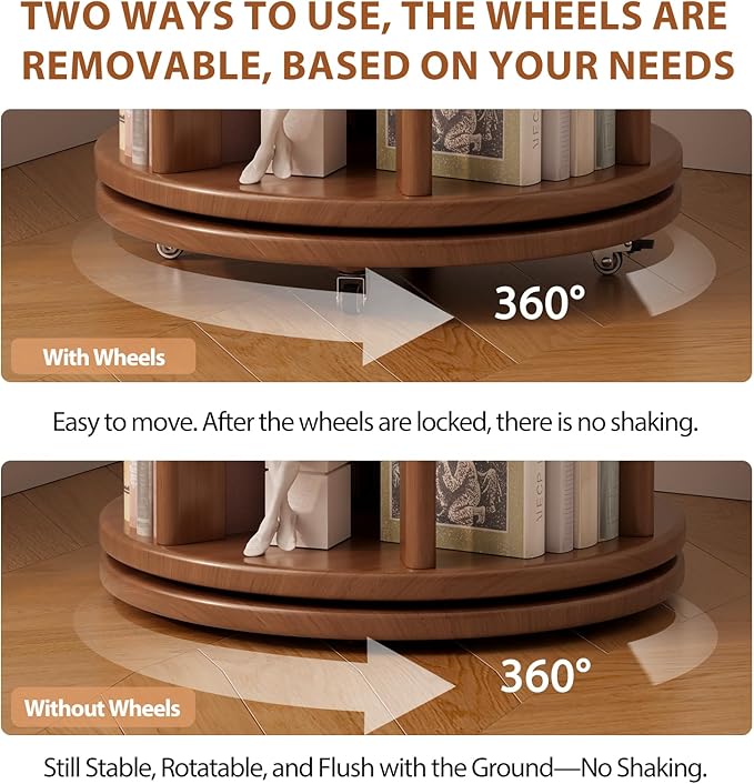 Solid Wood Rotating Bookshelf on Wheels, 4 Tier, Round Revolving Bookcase - Image 5