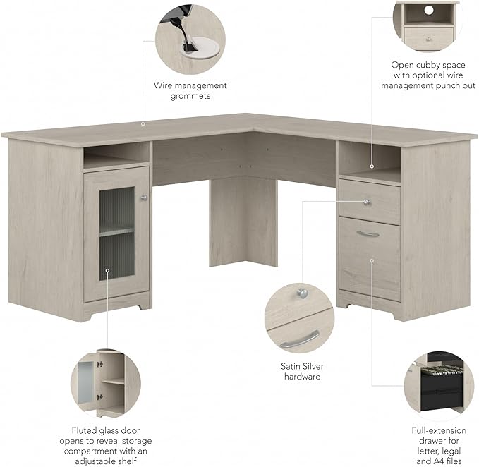 Bush Furniture Cabot 60W L Shaped Computer Desk in Linen White Oak - Image 10