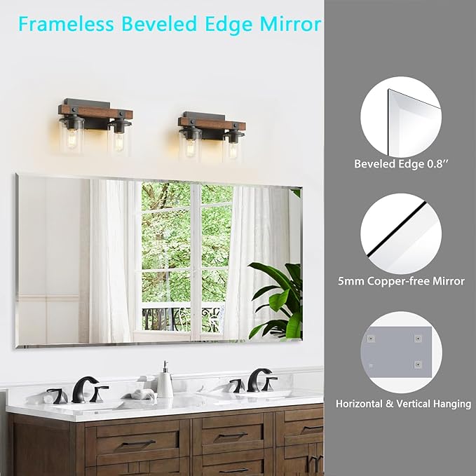 Frameless Beveled Edge Bathroom Mirror 55x30 Inch Rectangle Wall Mirror - Image 2