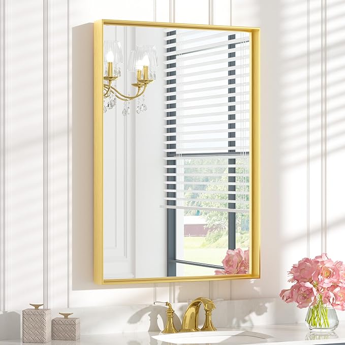 Keonjinn 24 x 36 Inch Brushed Gold Bathroom Mirror Gold Wall Mounted Vanity by Keonjinn
