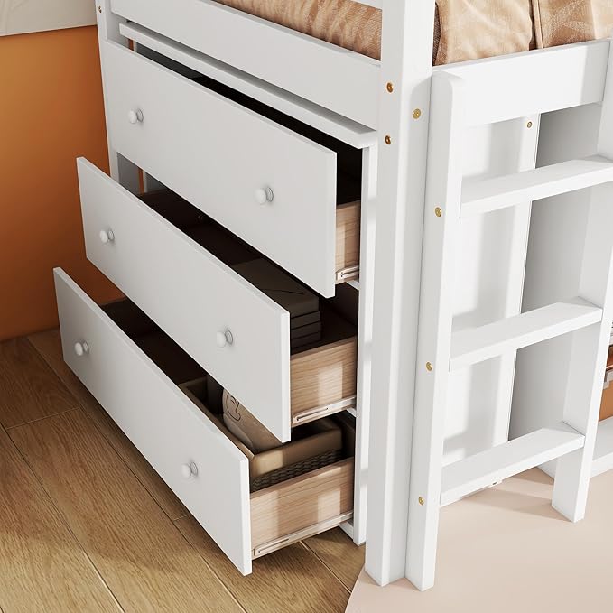 KEIKI Twin Loft Bed with Pull-Out Desk, Drawers & Open Shelves, Wooden Bed - Image 5