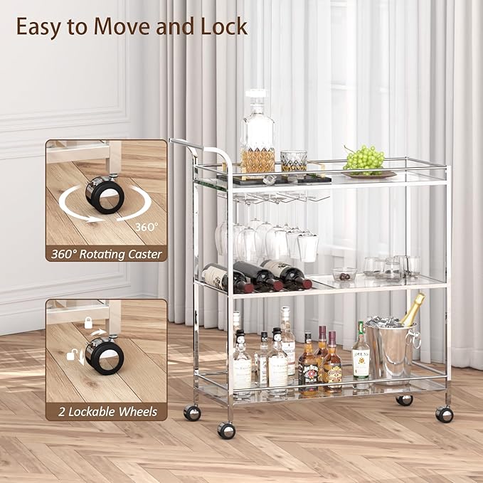 Bar Cart Silver, Home Bar Serving Cart, Modern Bar Cart - Image 5