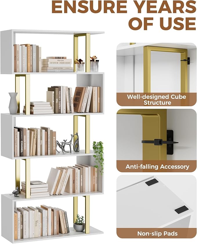 Gadroad 5 Tier Geometric Bookcase, S Shaped Bookshelf, Wood Decorative Storage - Image 6