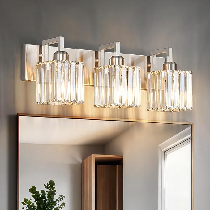 Modern Bathroom Vanity Light 3-Lights Brushed Nickel Vanity Light Crystal Wall - Image 2