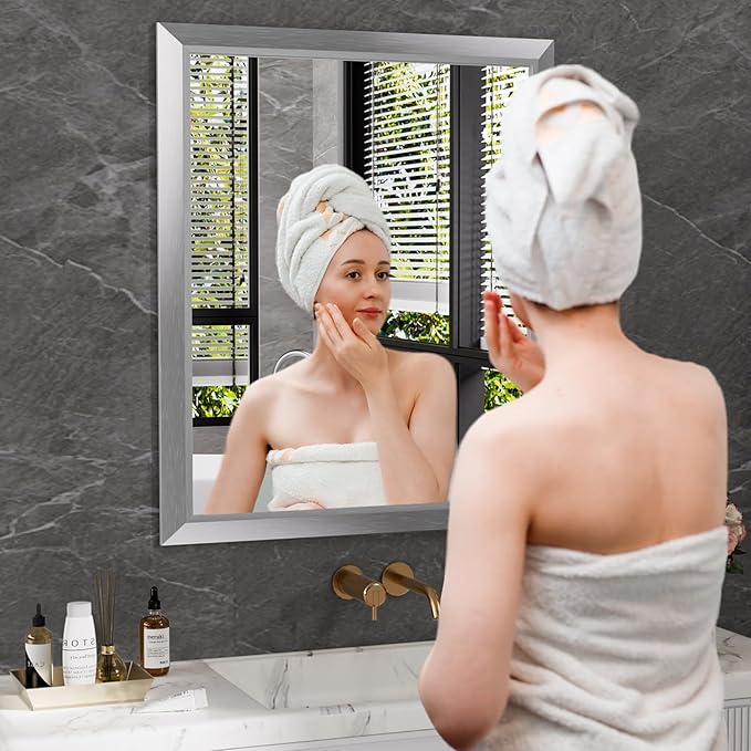 Amorho 24x32 Inch Bathroom Mirror Silver, Thick Metal Framed Wall Mirrors - Image 6