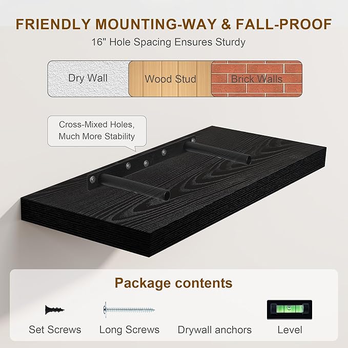 Black Floating Shelves 48 Inch Long, 8 Deep Floating Shelves - Image 7