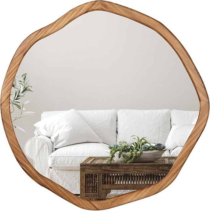ULIKE Round Wood Mirror 24 Inch Circle Wall Mirror, Asymmetrical Bathroom - Image 8