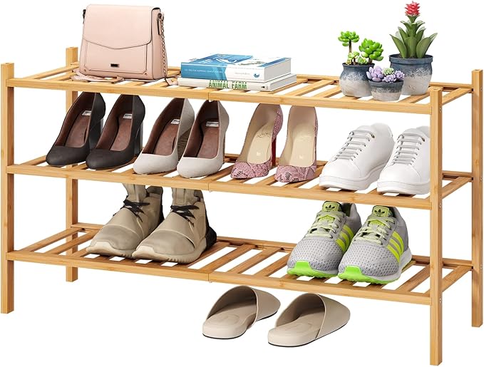 3-Tier Long Shoe Rack, Bamboo Wood Shoe Rack by VIEWCARE