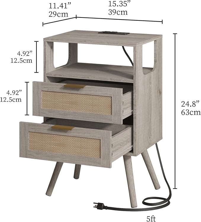 Rattan Nightstand with Charging Station, Farmhouse Bedside Table with 2 Storage - Image 2