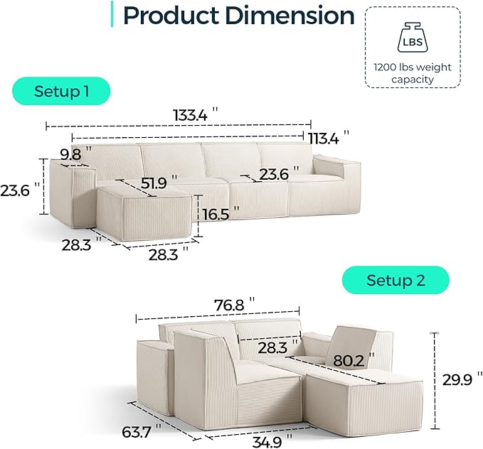 LINSY HOME Modular Sectional Sofa, Corduroy Sectional Cloud Couches - Image 2