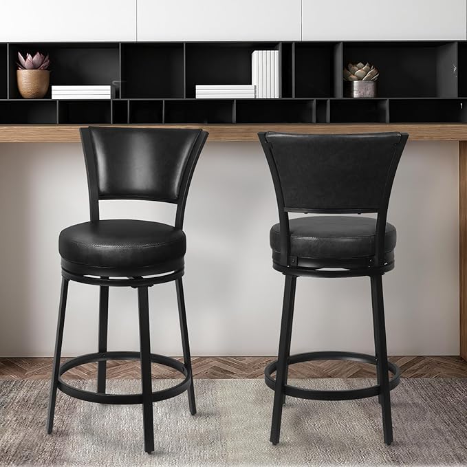 Bar Stools, 25 Inch Metal Counter Height Barstools Set of 2, Faux Leather Round - Image 2