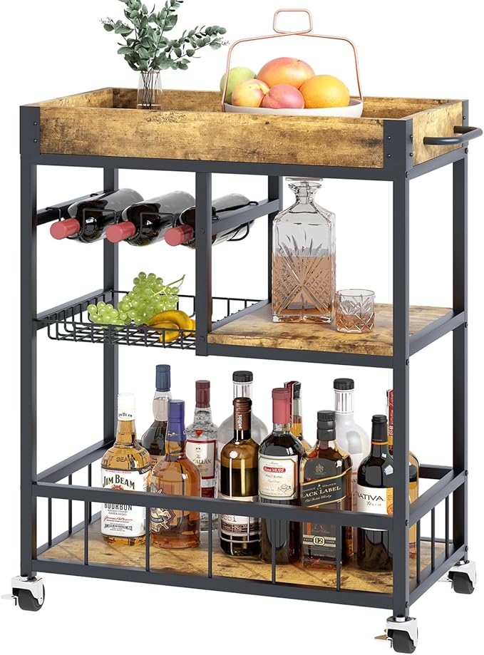 Bar Cart with Basket 3 Tiers Home Rolling Wine Rack with Wheels Mobile Kitchen by EternalHome