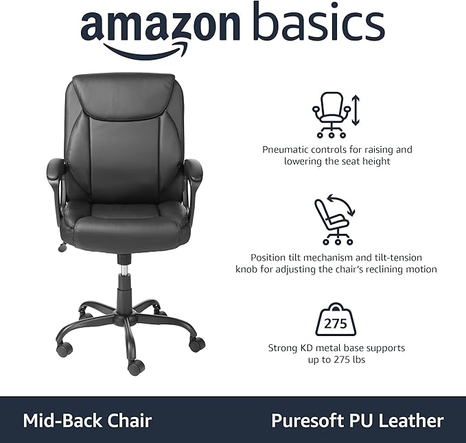 Amazon Basics Classic Puresoft PU Padded Mid-Back Height Adjustable Office - Image 4