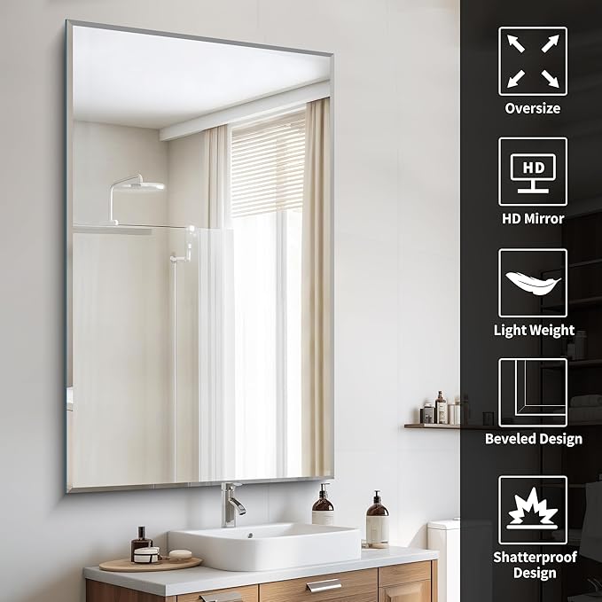 60x36 Large Beveled Mirror, Frameless Beveled Bathroom Mirrors - Image 4